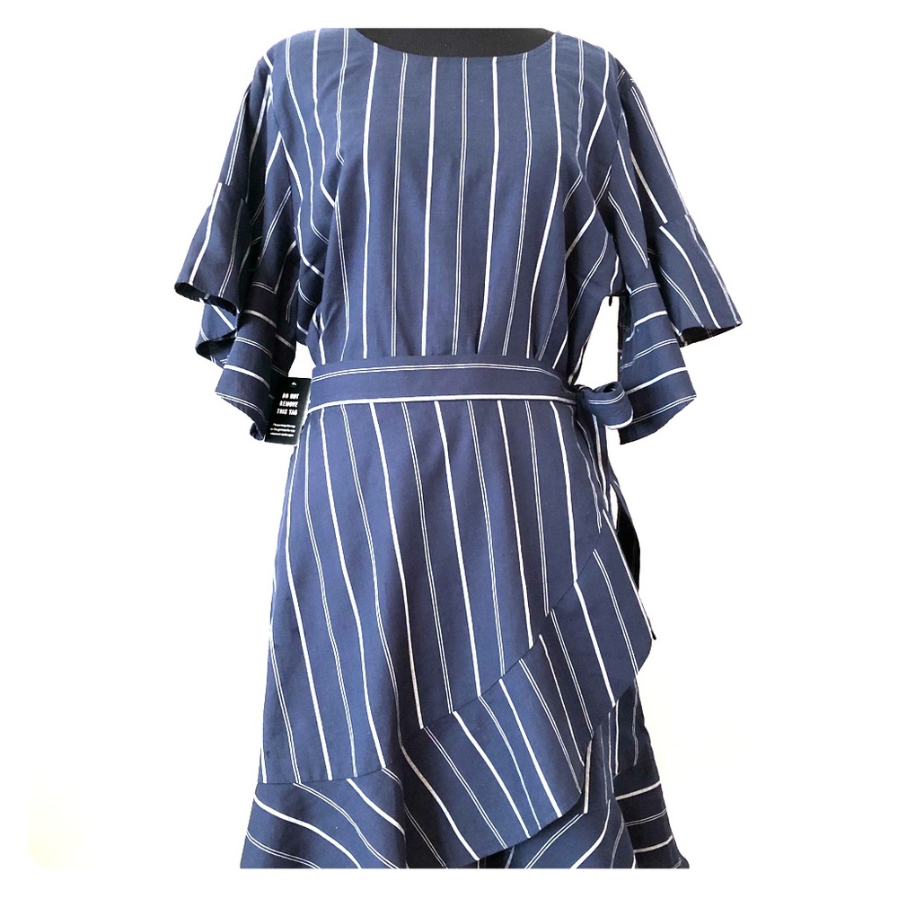 Express Navy Striped Wrap Dress w/ Ruffles